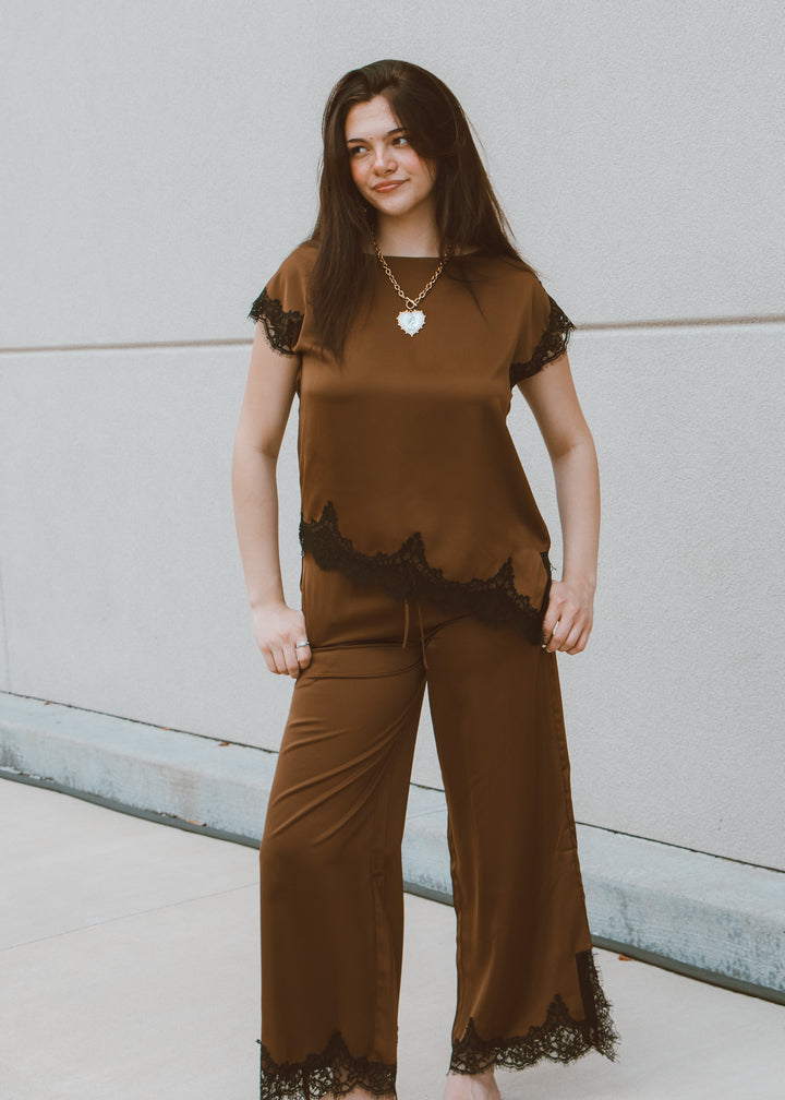 Rich Wheat Satin and Lace Pant