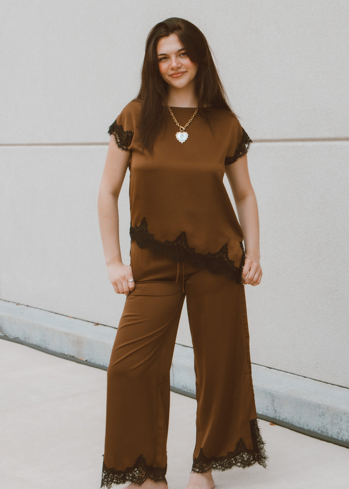 Rich Wheat Satin and Lace Top