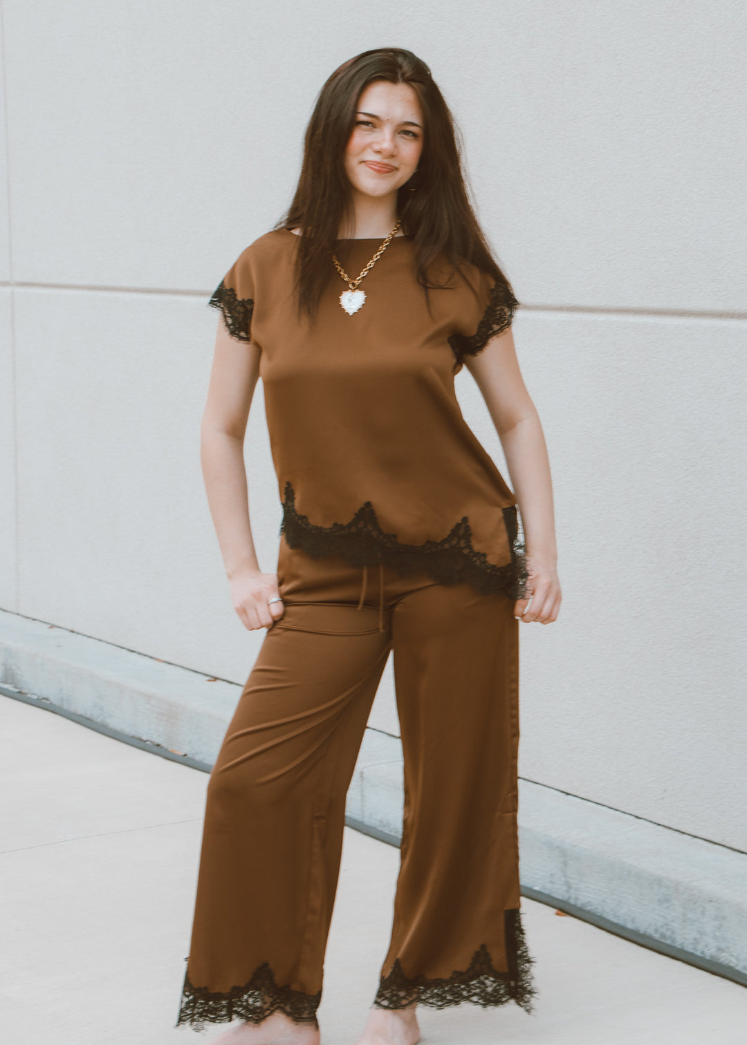 Rich Wheat Satin and Lace Top