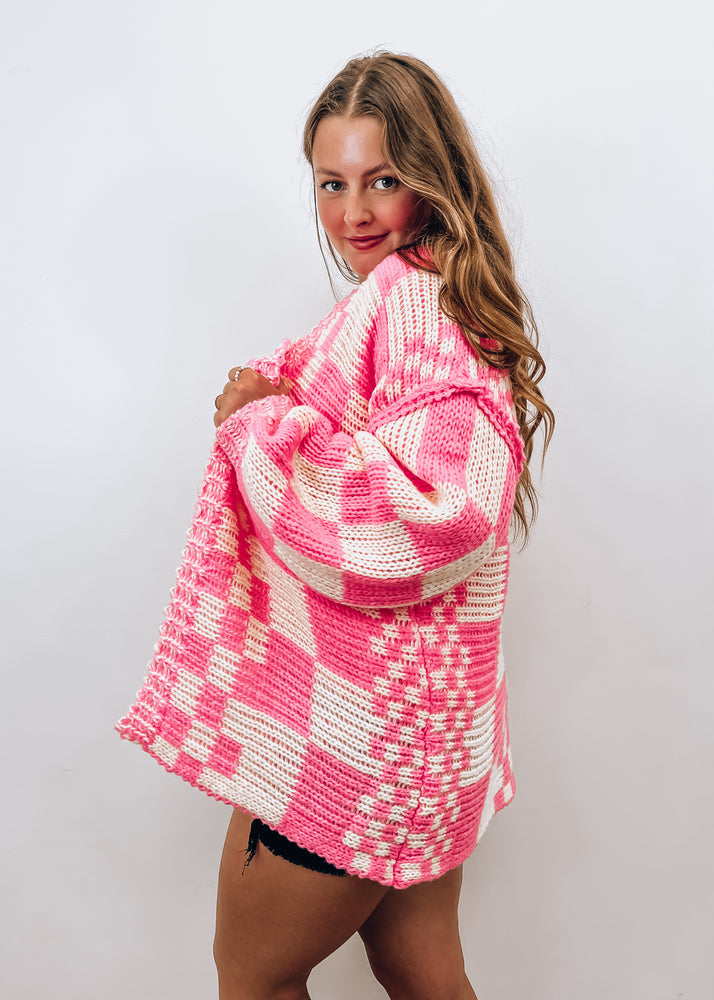You're Popular Pink Check Chunky Cardigan