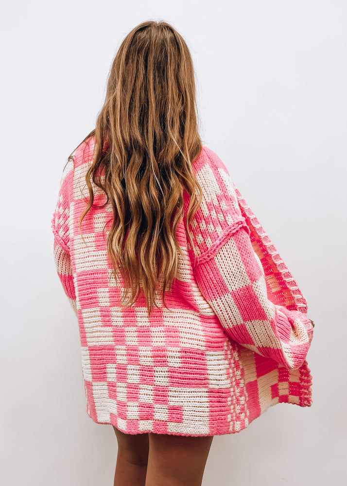 You're Popular Pink Check Chunky Cardigan