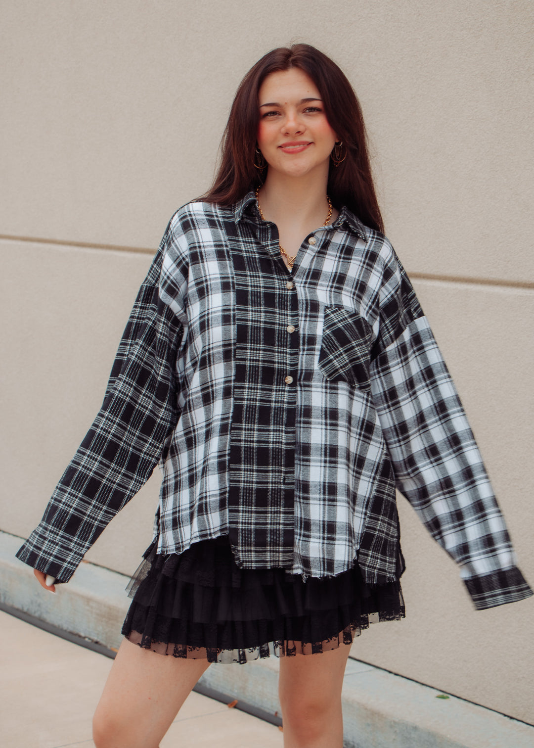 Autumn Night Black Plaid Flannel Top
