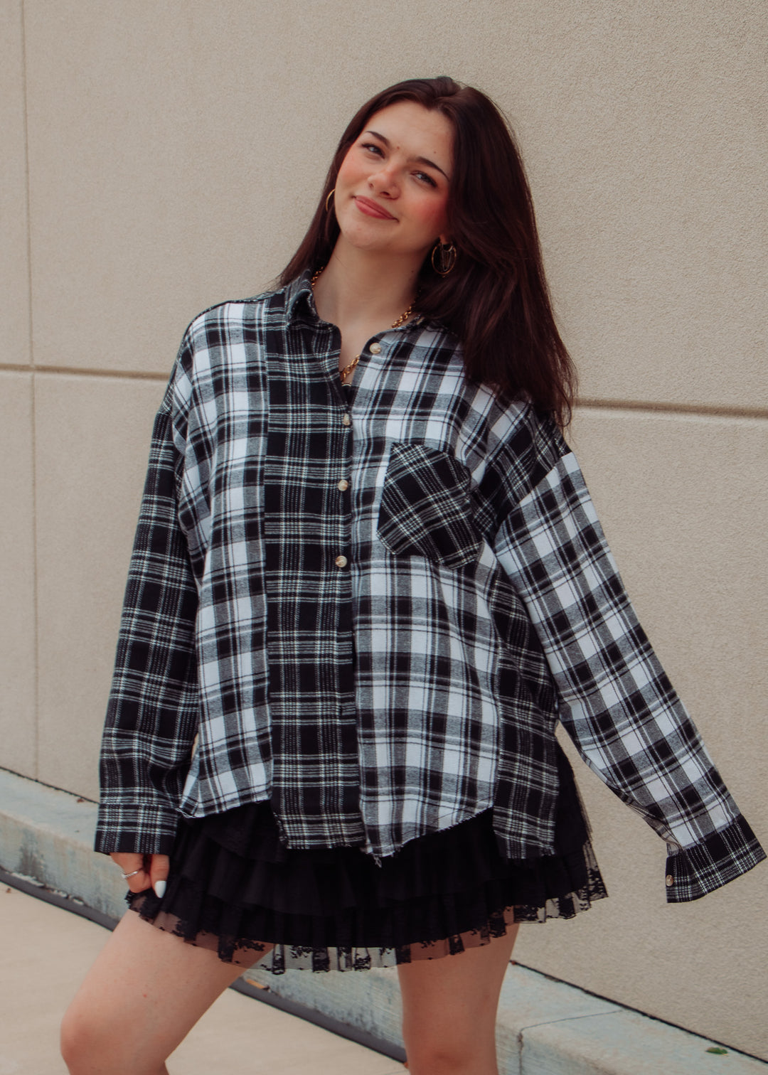 Autumn Night Black Plaid Flannel Top