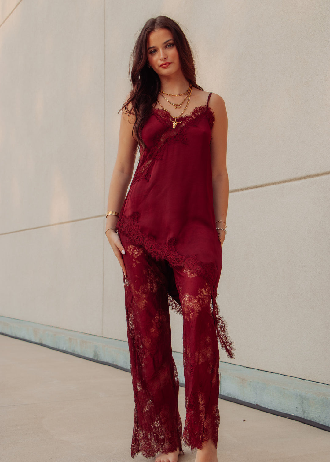 Burgundy Satin Cami and Pants Set