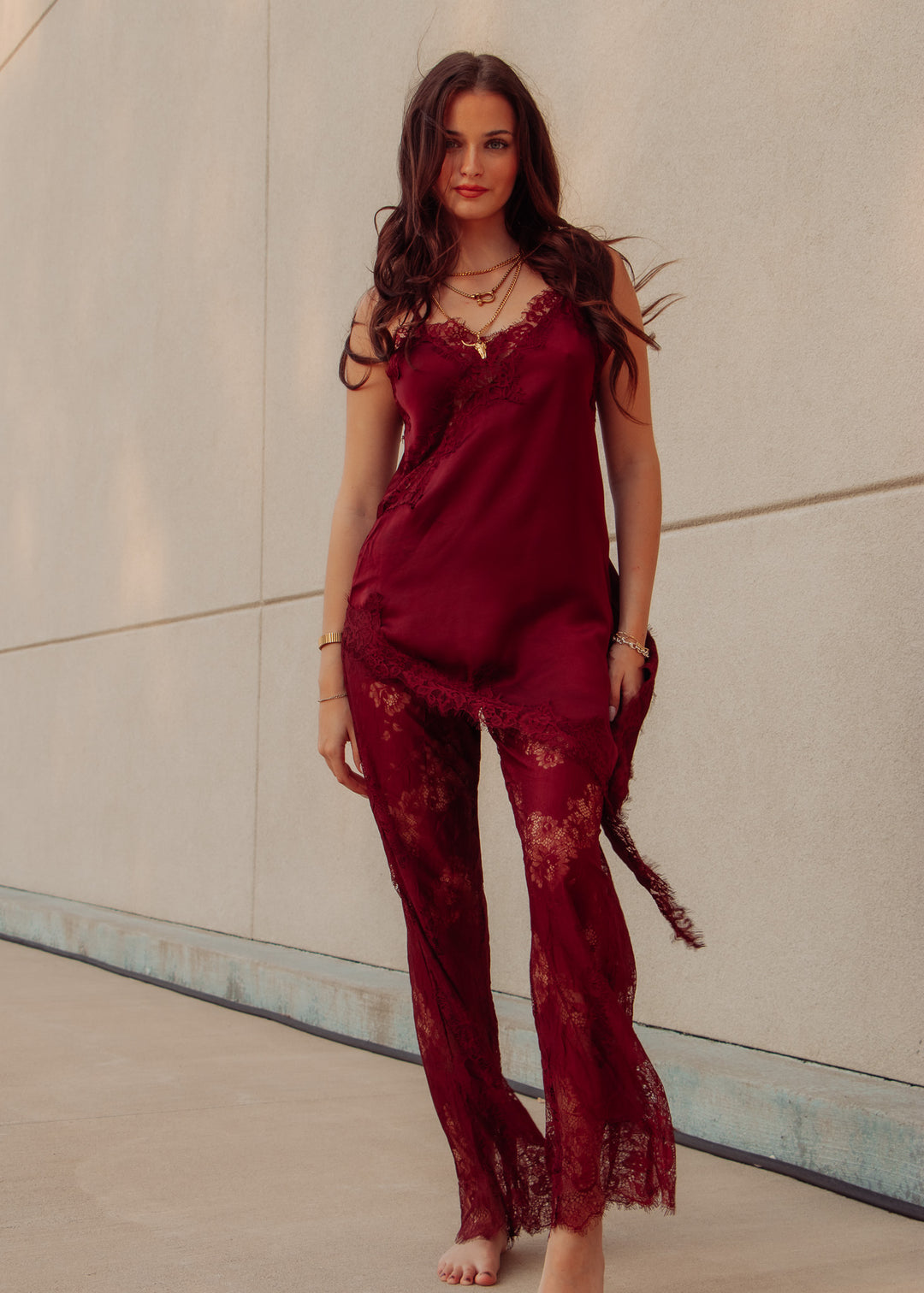 Burgundy Satin Cami and Pants Set
