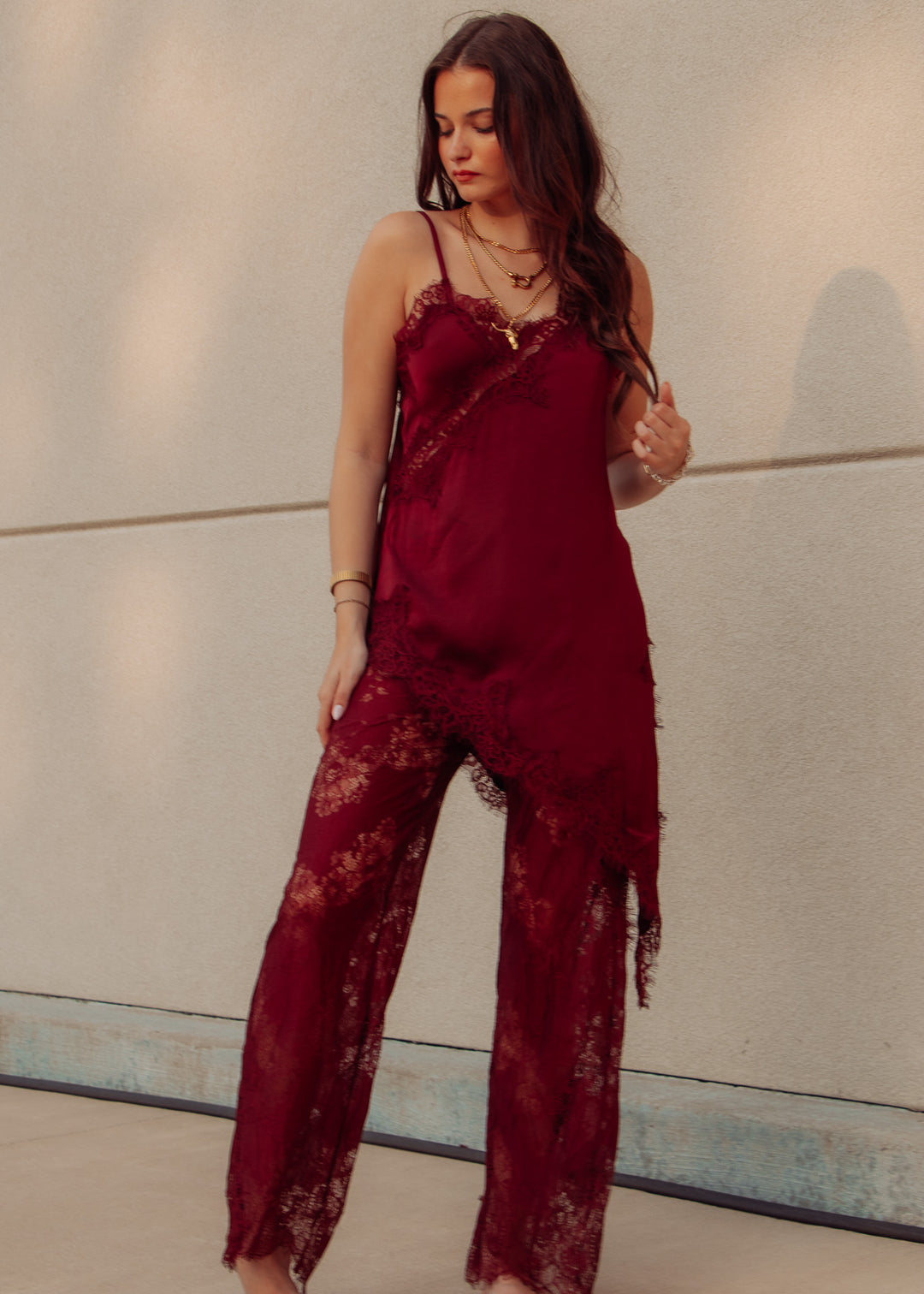 Burgundy Satin Cami and Pants Set