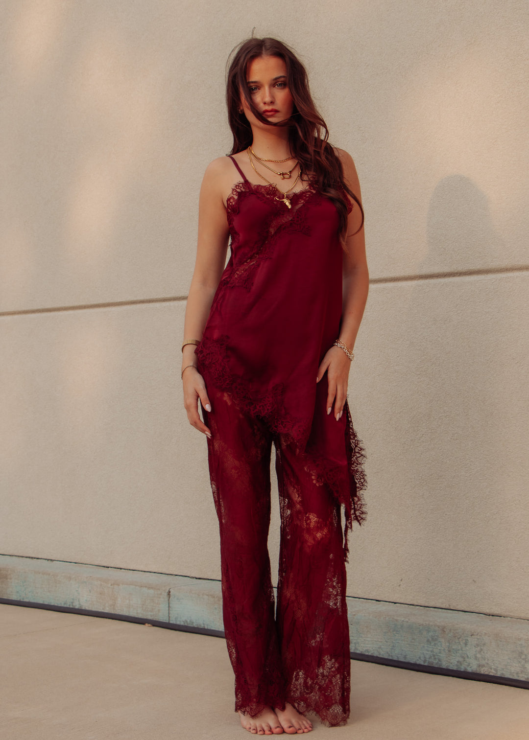 Burgundy Satin Cami and Pants Set