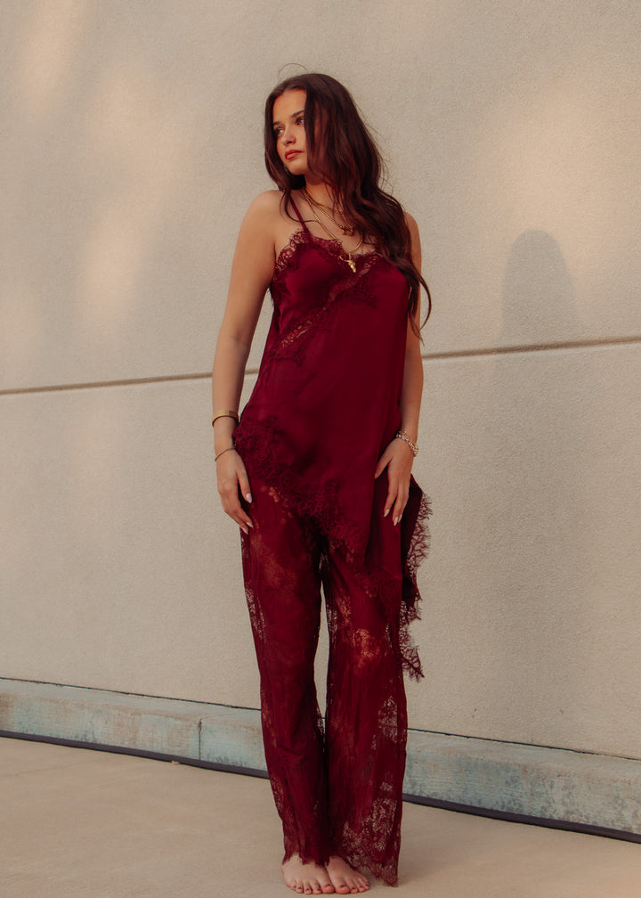 Burgundy Satin Cami and Pants Set