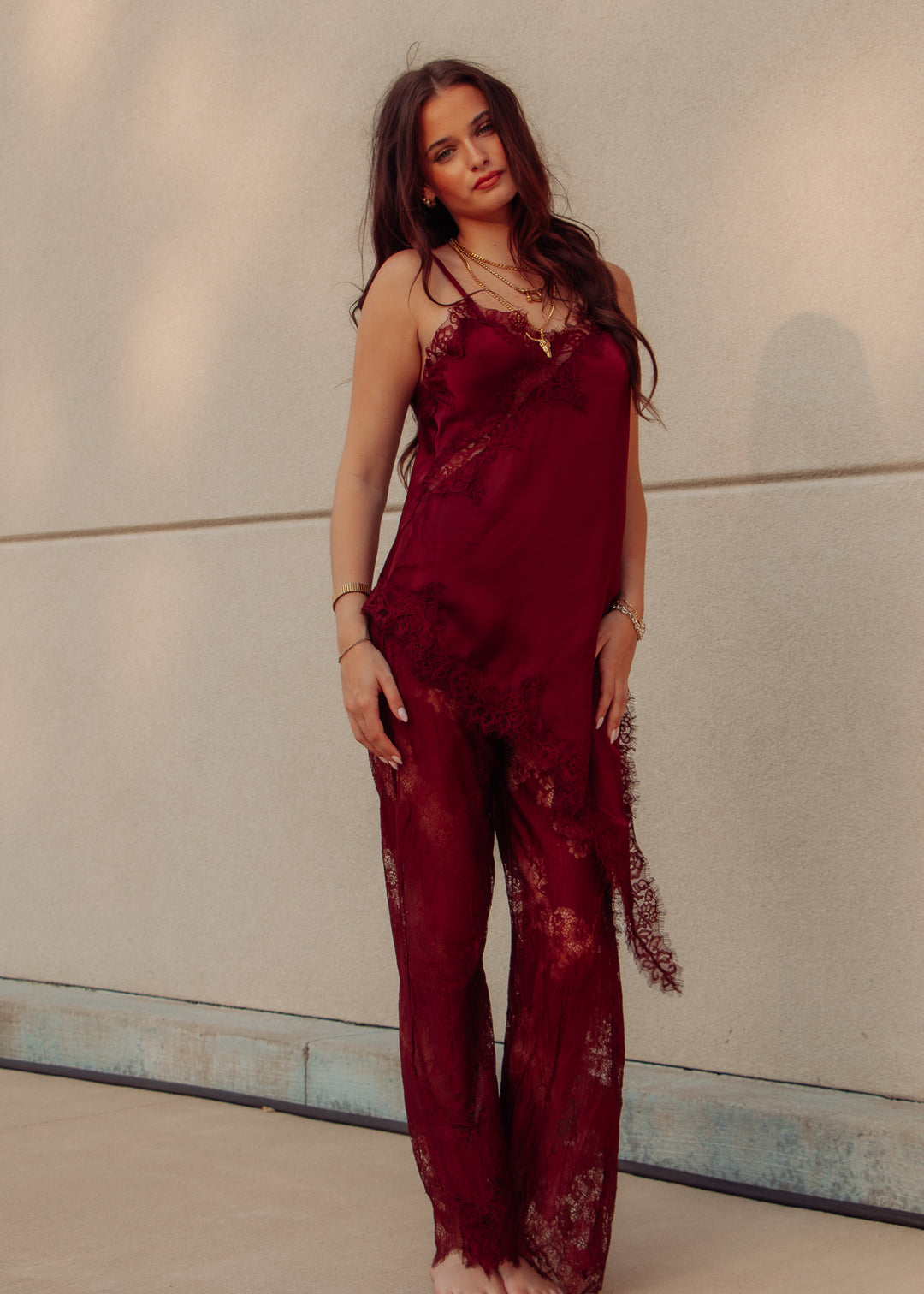 Burgundy Satin Cami and Pants Set