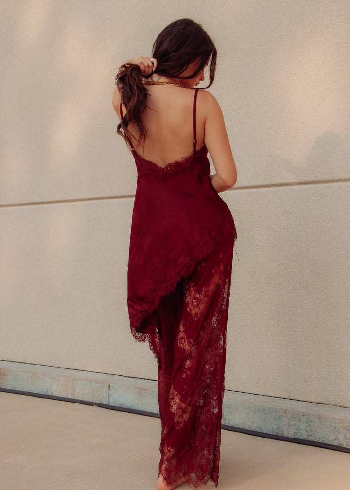Burgundy Satin Cami and Pants Set