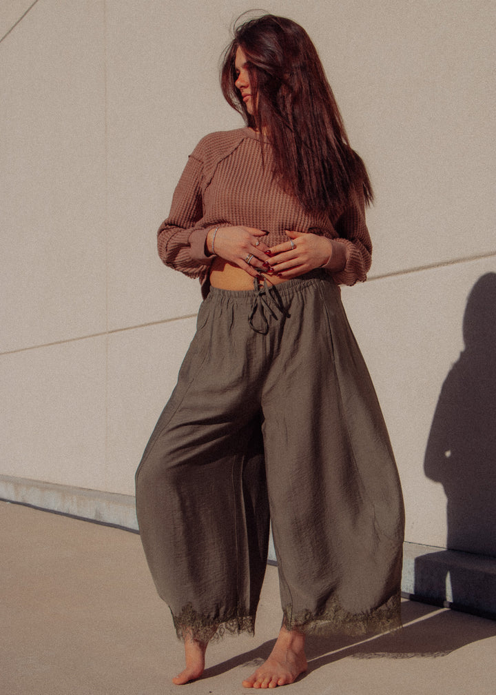 Loretta Lace Trim Olive Barrel Pant