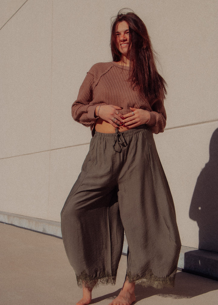 Loretta Lace Trim Olive Barrel Pant