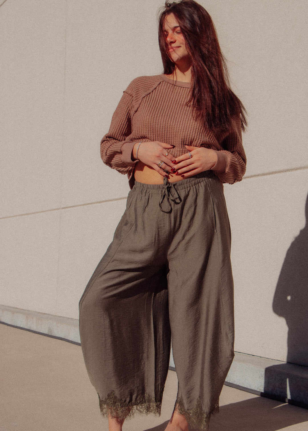 Loretta Lace Trim Olive Barrel Pant