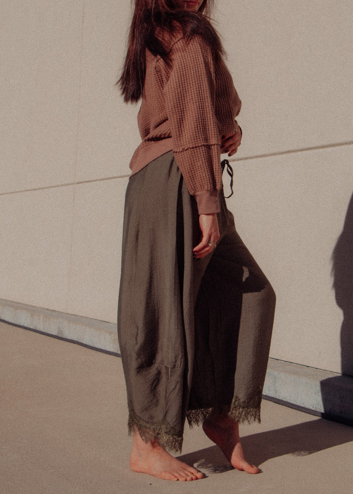 Loretta Lace Trim Olive Barrel Pant