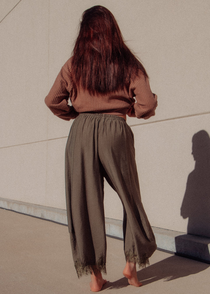 Loretta Lace Trim Olive Barrel Pant