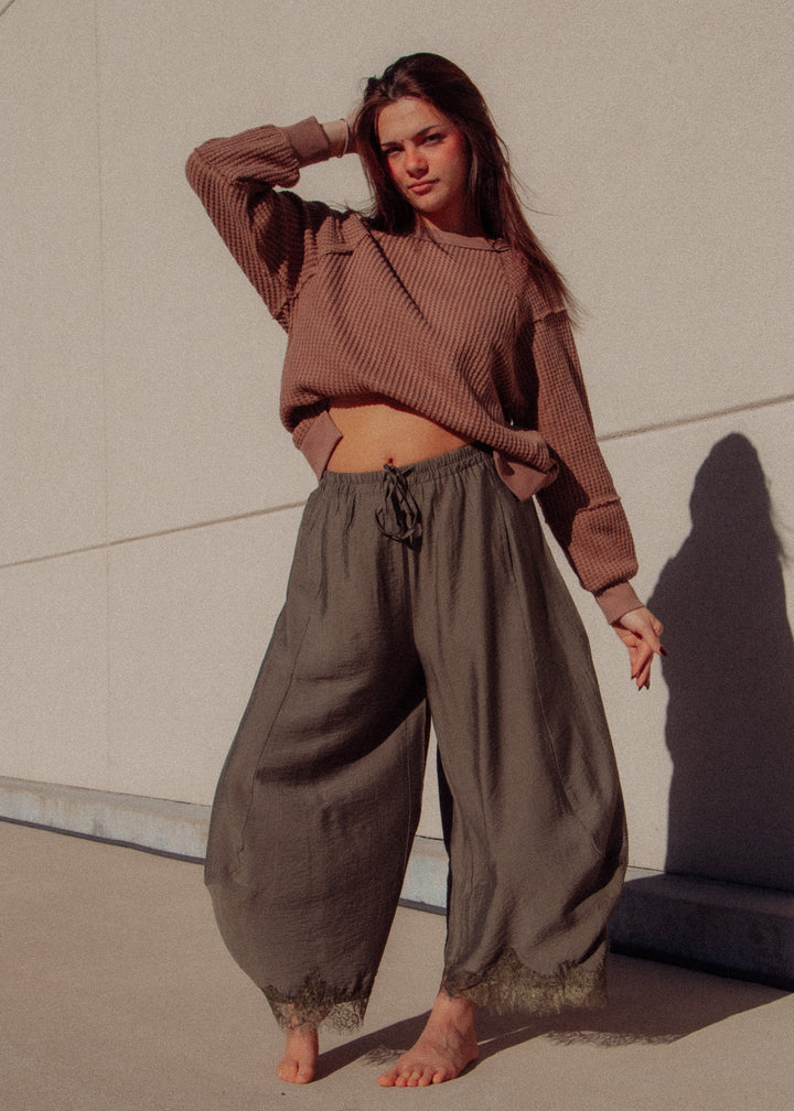 Loretta Lace Trim Olive Barrel Pant