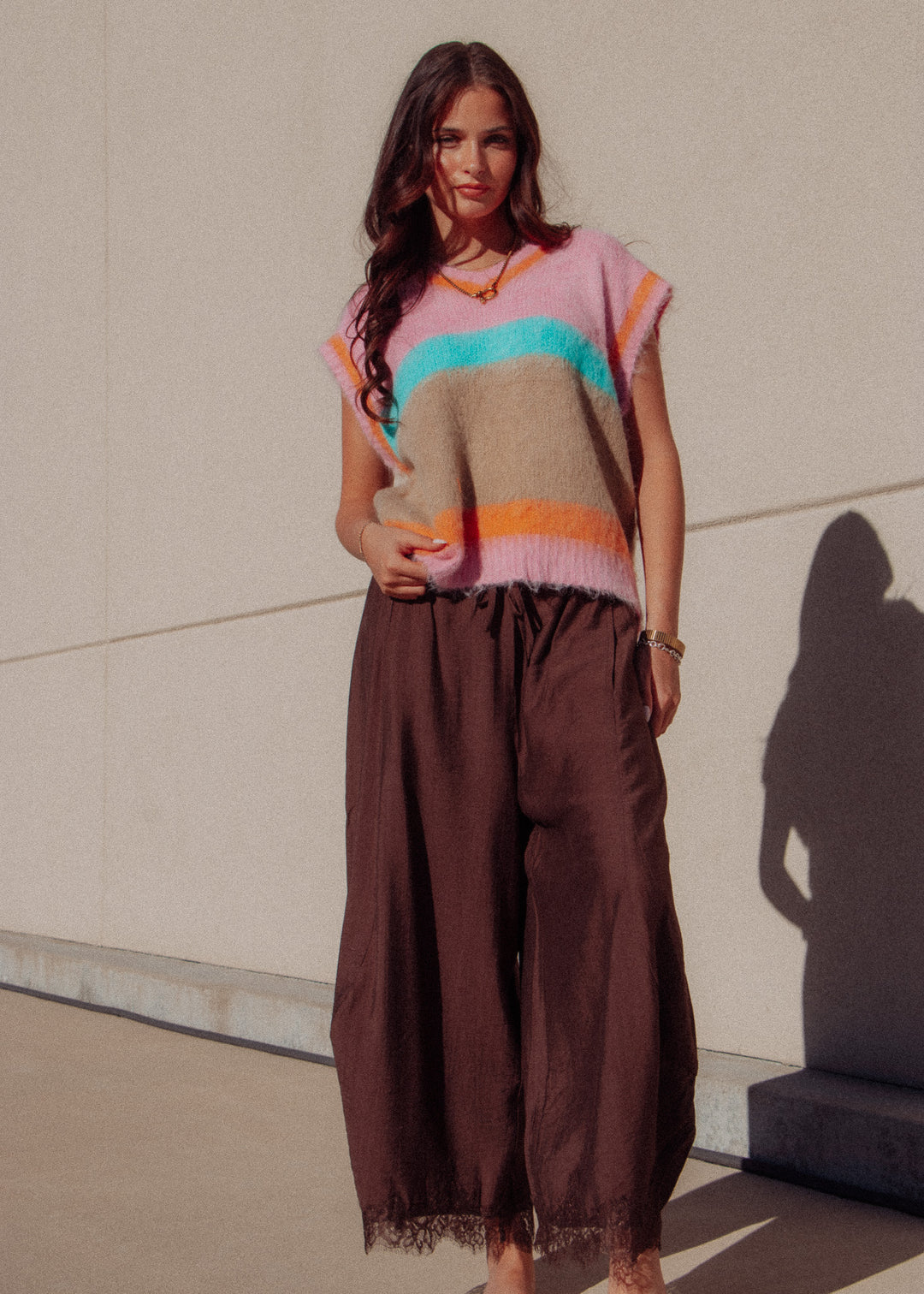 Loretta Lace Trim Brown Barrel Pant
