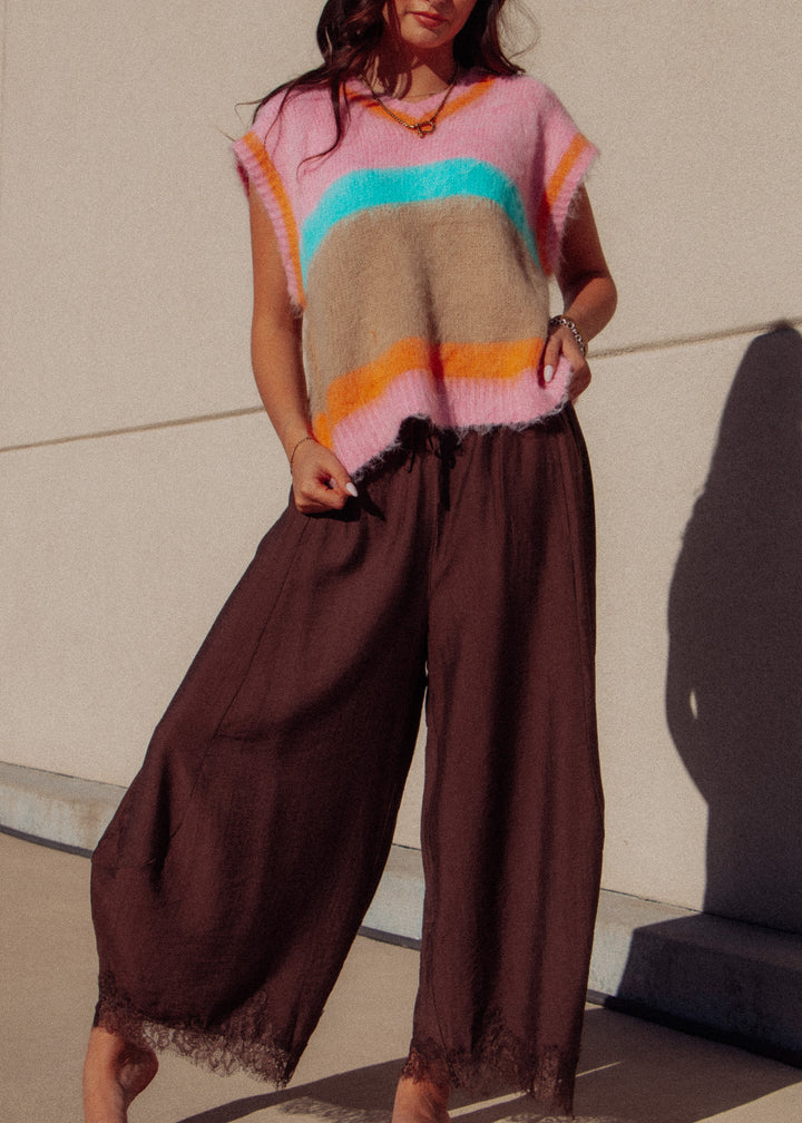 Loretta Lace Trim Brown Barrel Pant