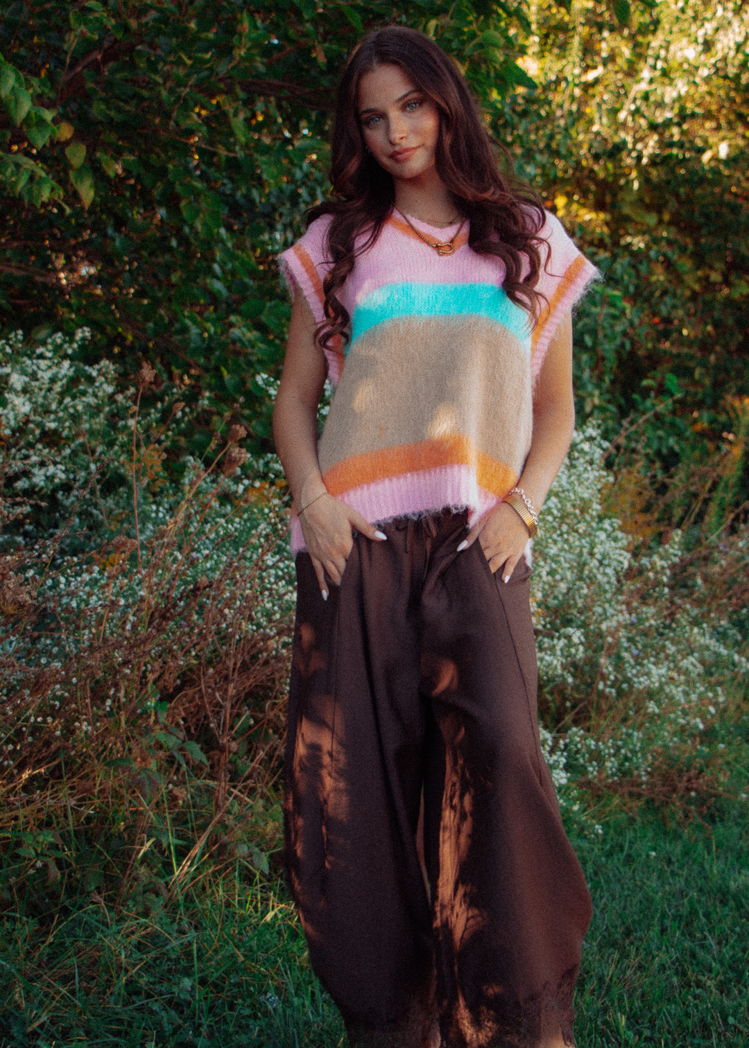 Loretta Lace Trim Brown Barrel Pant