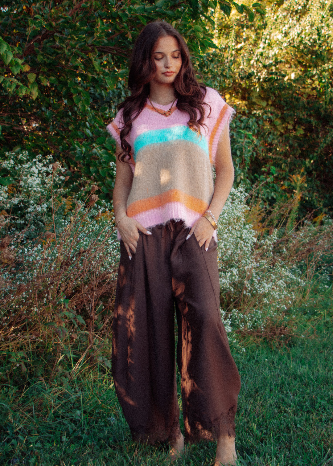 Loretta Lace Trim Brown Barrel Pant