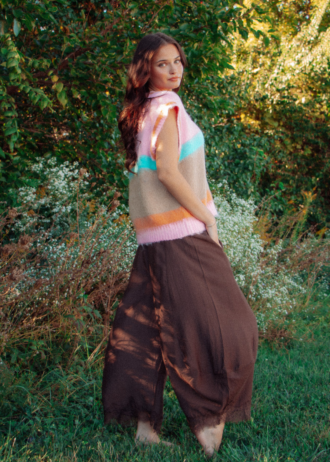 Loretta Lace Trim Brown Barrel Pant