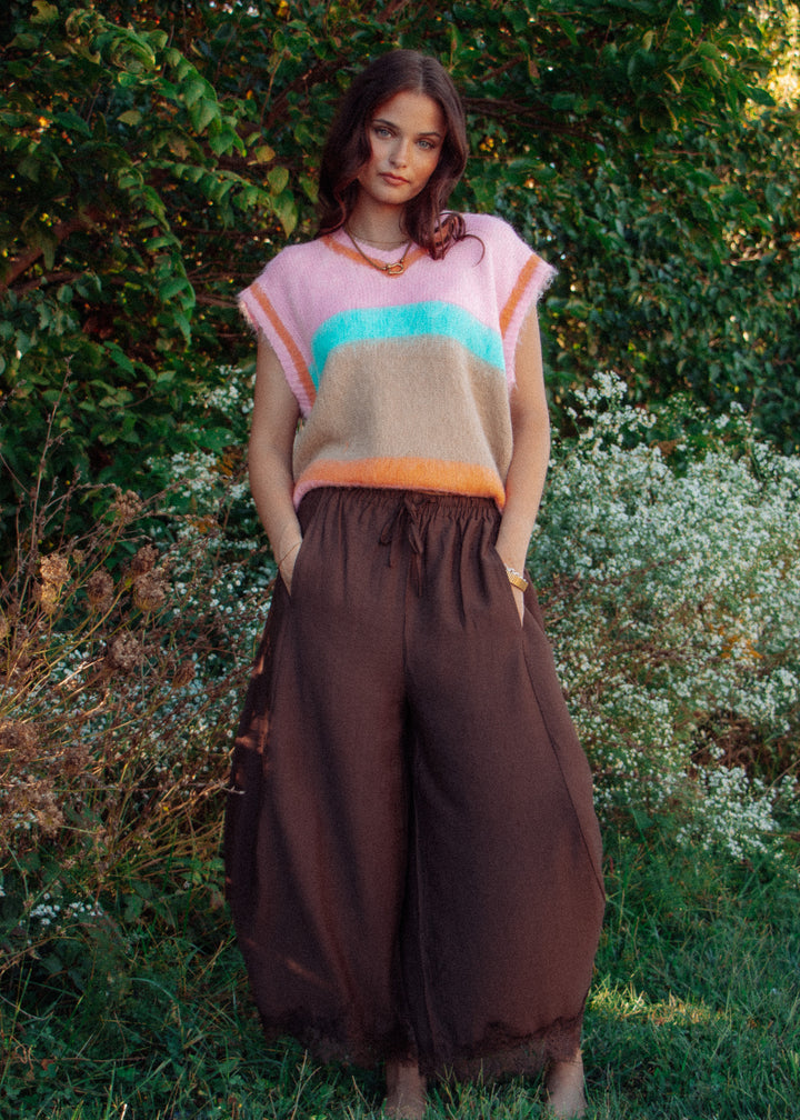 Loretta Lace Trim Brown Barrel Pant