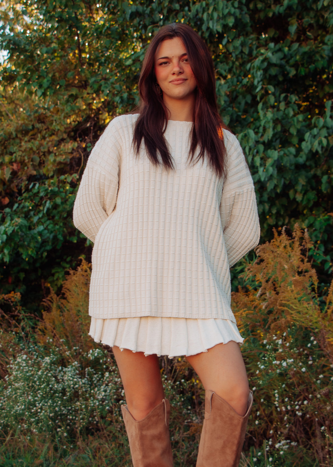 Cream Sweater And Pleated Skirt Set