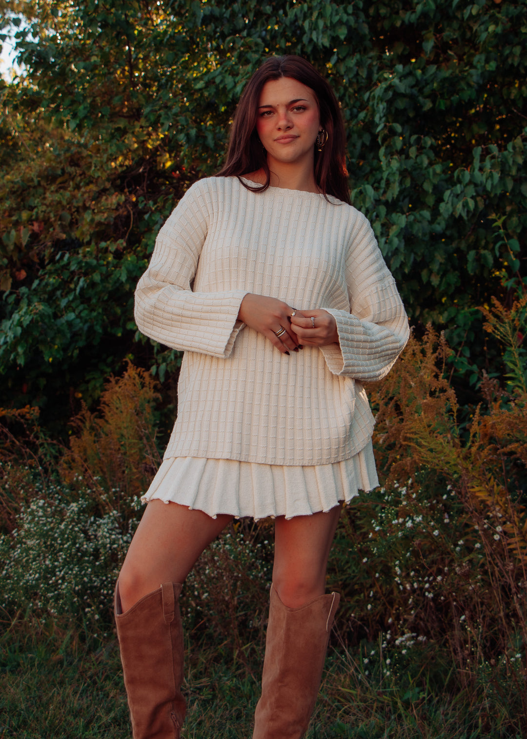 Cream Sweater And Pleated Skirt Set