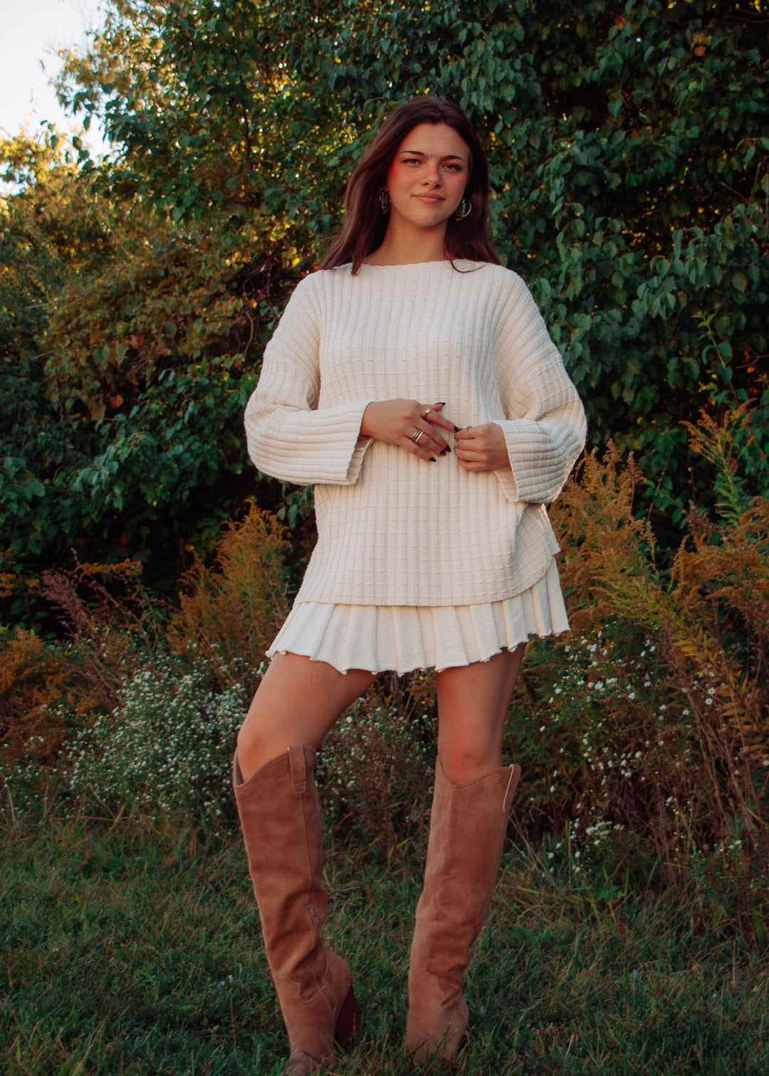 Cream Sweater And Pleated Skirt Set