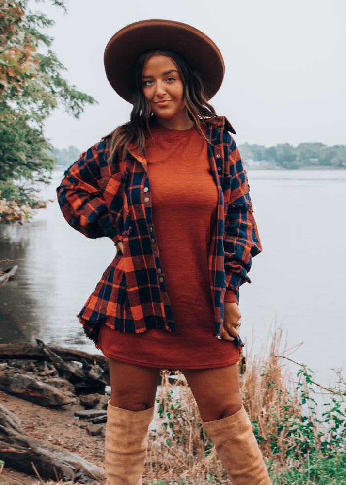 
            
                Load image into Gallery viewer, Friday Night Lights Orange and Navy Plaid Shacket
            
        