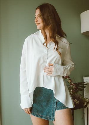 White Crepe Flare Button Down
