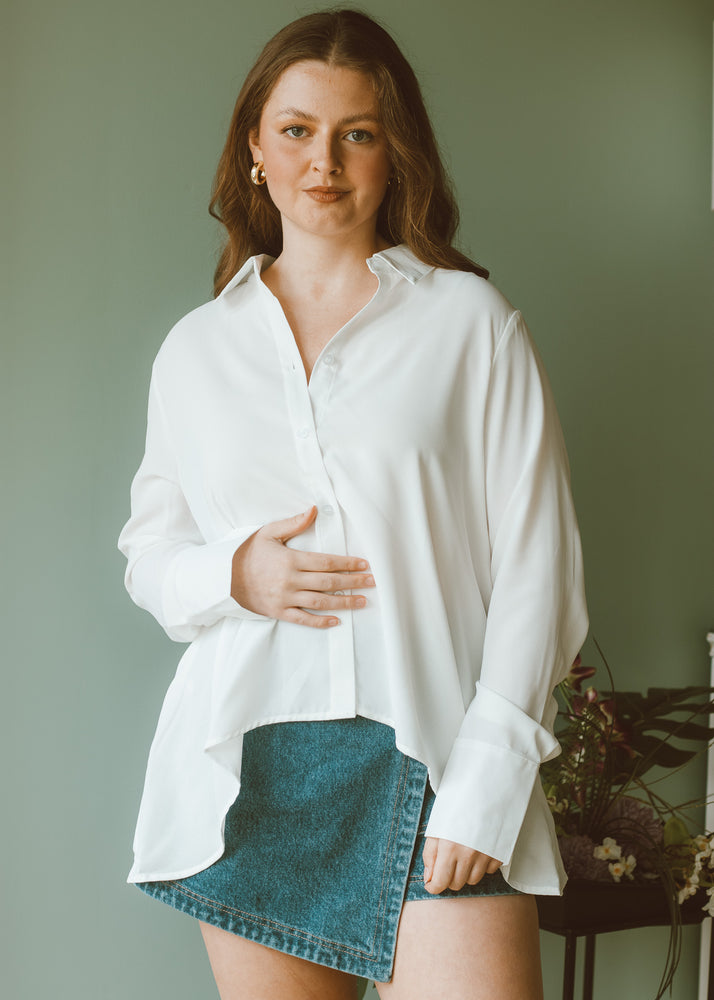 White Crepe Flare Button Down