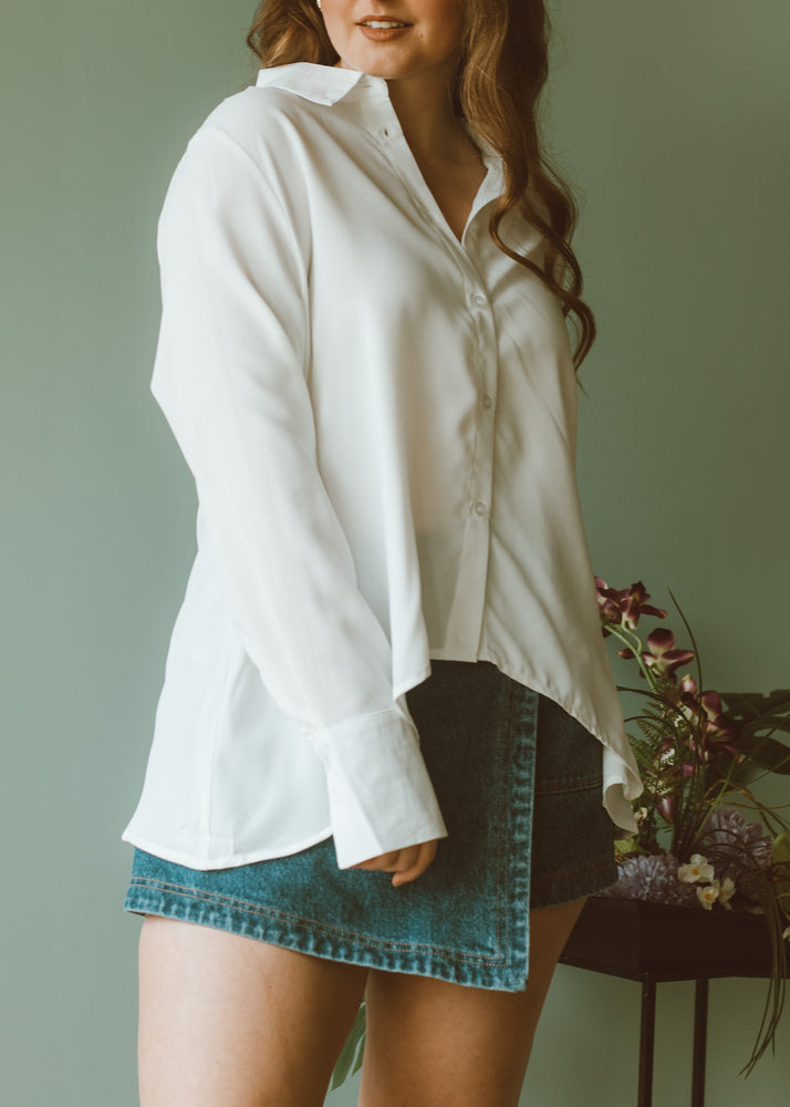 White Crepe Flare Button Down