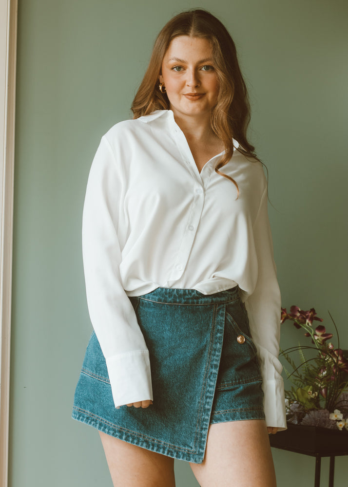 White Crepe Flare Button Down