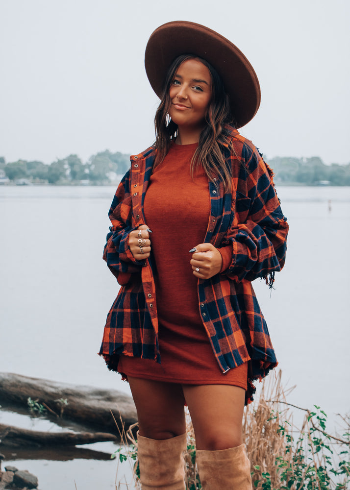 
            
                Load image into Gallery viewer, Friday Night Lights Orange and Navy Plaid Shacket
            
        