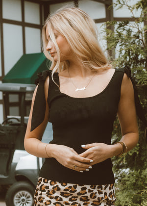 black tank top, ribbed tank top, full length tank top, bow tank, ties on shoulder, summer tank top