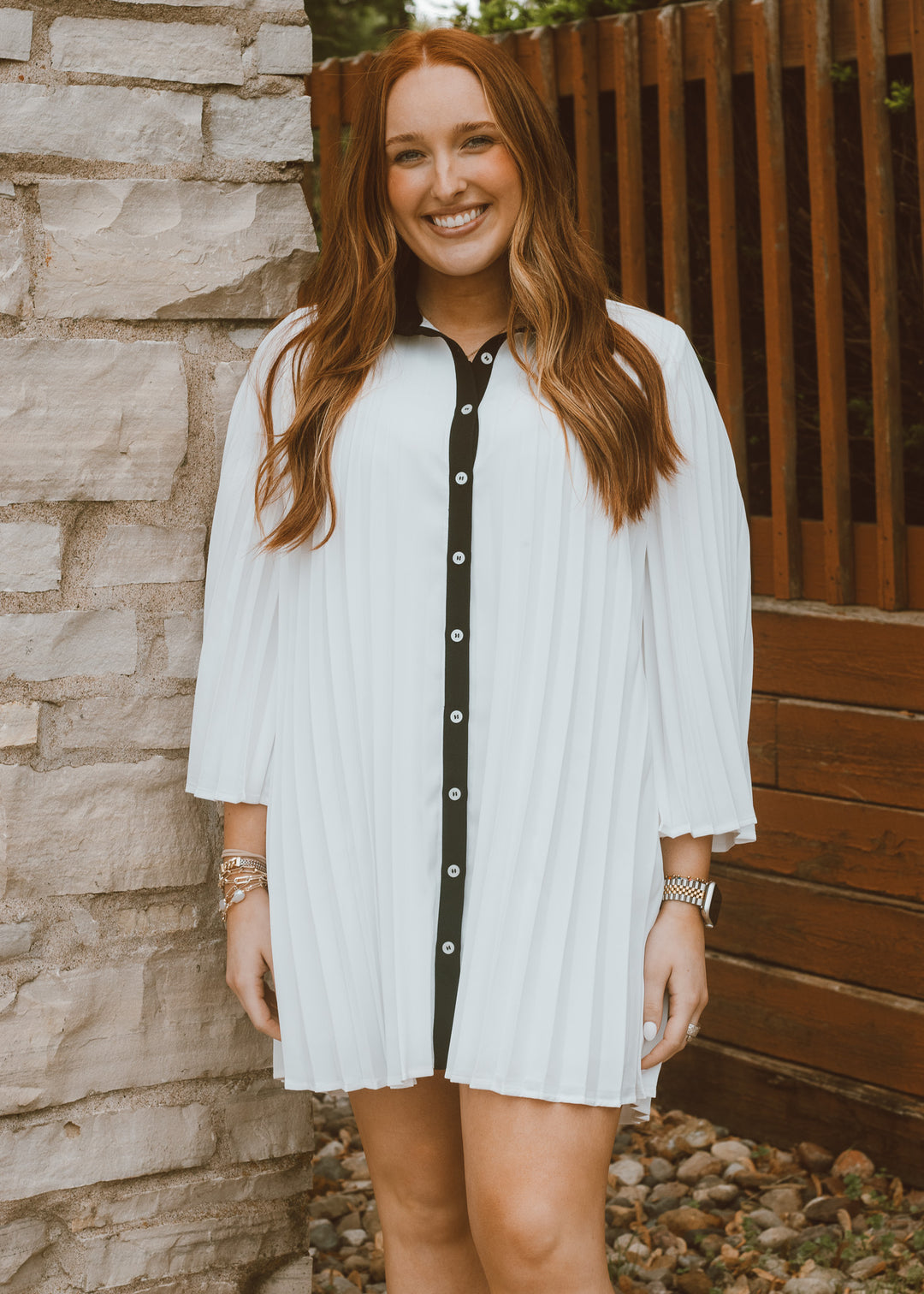 white dress , pleated white dress, black detailed white dress, 3/4e sleeve dress, collard dress, chic dress, business dress