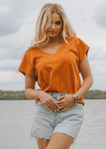 mineral wash shirt lake outfit, cropped t-shirt, summer outfit, orange shirt v neck top, basic short sleeve shirt 