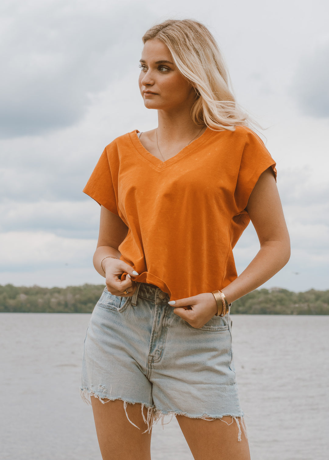 Tangerine Mineral Wash V-Neck