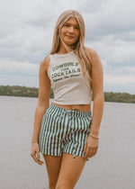 lake day outfit, striped summer shorts, western tank top, green and white outfit, summer, outfit, 