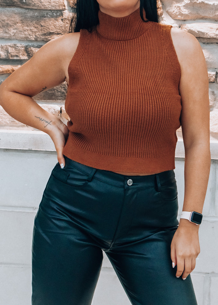 brown top with leather pants
