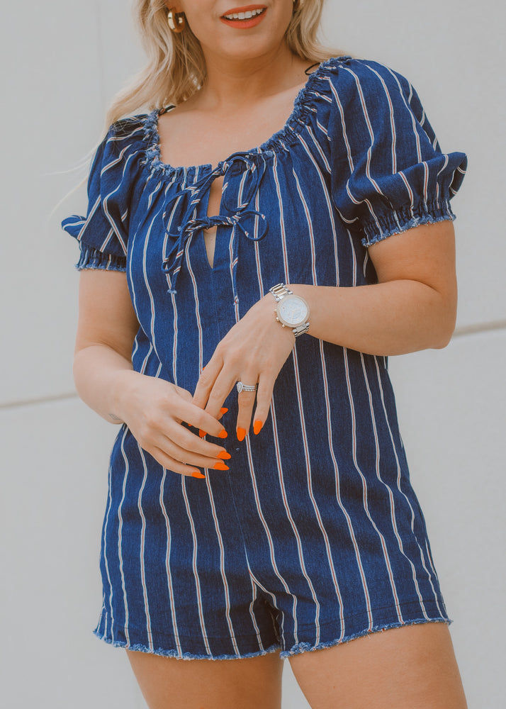 Red White and Denim Striped Romper