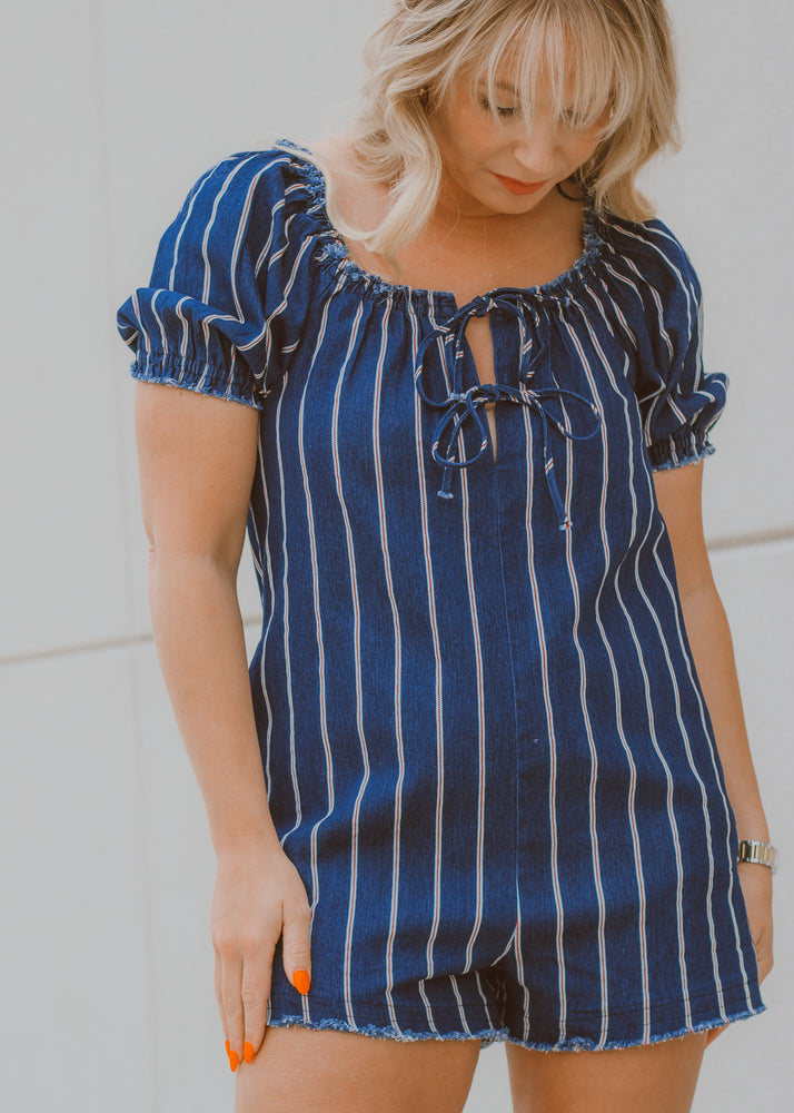 denim material romper, puff sleeve romper, white and red stripped romper, raw hem, bow detail, V-neck romper, fourth of July outfit, summer outfit, lake outfit