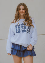 grey crewneck, oversized crewneck, USA crewneck, star detailed crewneck, fourth of July outfit, patriotic sweatshirt
