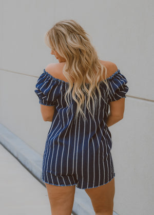 Red White and Denim Striped Romper