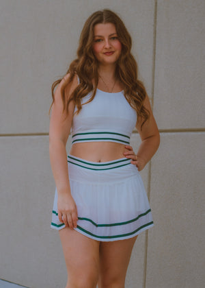 white sports bra green detailed white sports bra, matching bra and skirt set, golf outfit, pickleball outfit, tennis outfit, activewear sports bra