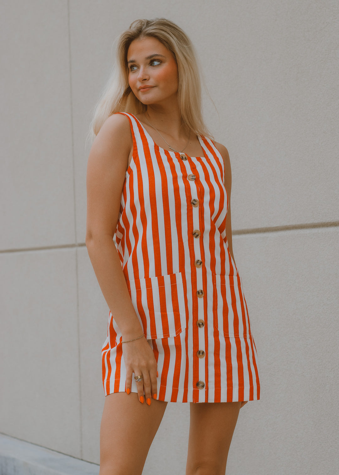 summer dress, wide strap tank dress, button up dress, red and white stripped dress, dress with pockets, fourth of July outfit, college football game outfit