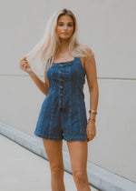 denim romper, dark wash denim, adjustable straps, button up romper, summer romper, country concert outfit, square neck denim romper