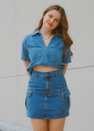 denim skirt, denim mini skirt, denim cargo skirt, medium wash denim, denim matching set, country fair outfit summer skirt, casual skirt