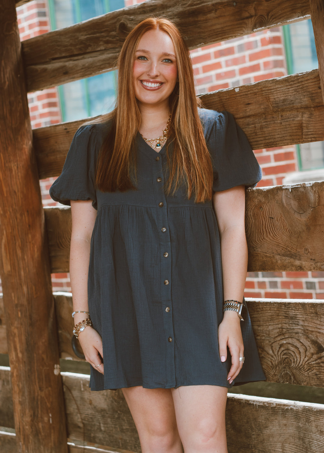 navy blue dress, gauze dress, puff sleeve dress, dress with button detail, flowy mini dress, summer dress, casual dress